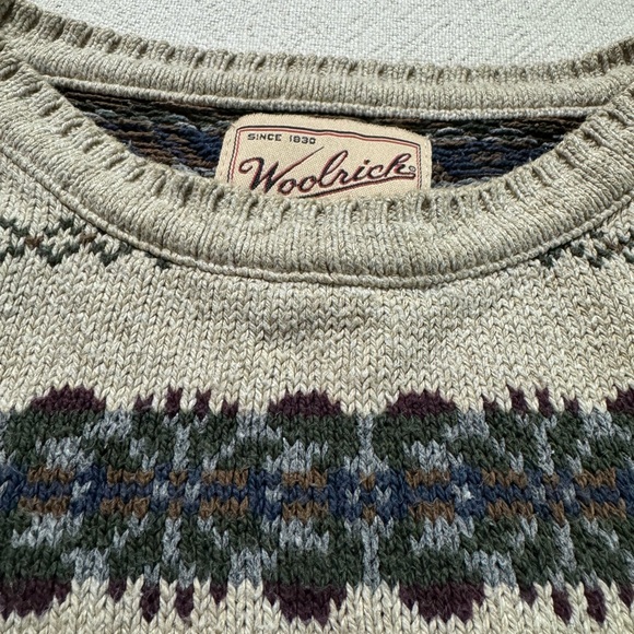 VTG 90s Woolrich Men’s Beige Burgundy Fair Isle Cotton Crewneck Sweater L - Picture 6 of 8